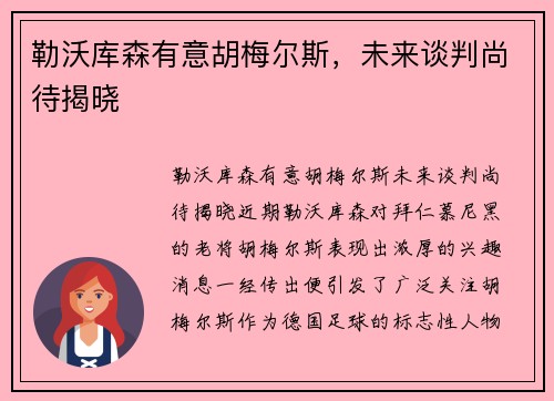 勒沃库森有意胡梅尔斯，未来谈判尚待揭晓