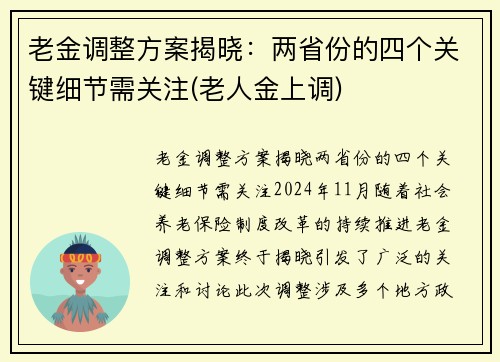 老金调整方案揭晓：两省份的四个关键细节需关注(老人金上调)