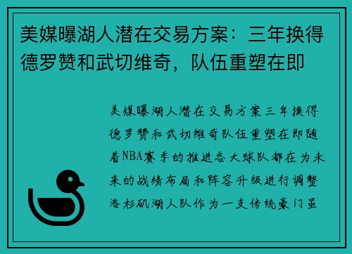 美媒曝湖人潜在交易方案：三年换得德罗赞和武切维奇，队伍重塑在即