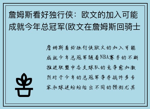 詹姆斯看好独行侠：欧文的加入可能成就今年总冠军(欧文在詹姆斯回骑士之前是巨星吗)