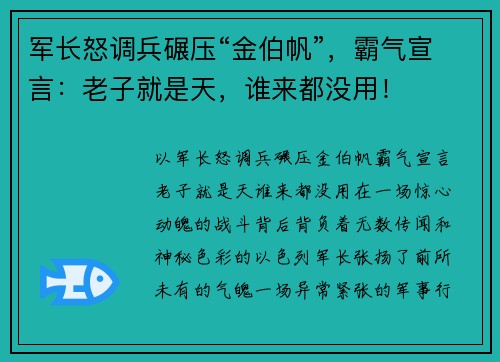 军长怒调兵碾压“金伯帆”，霸气宣言：老子就是天，谁来都没用！