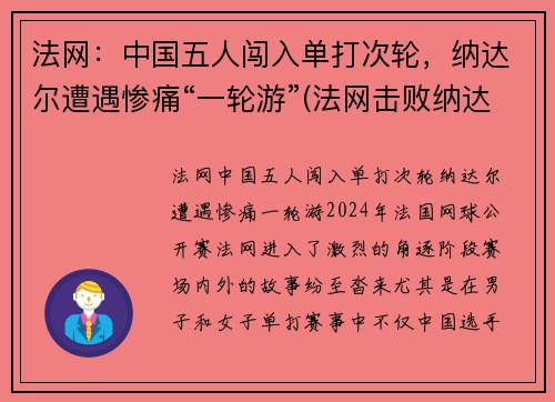 法网：中国五人闯入单打次轮，纳达尔遭遇惨痛“一轮游”(法网击败纳达尔夺冠)