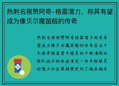 热刺名宿赞阿奇-格雷潜力，称其有望成为像贝尔魔笛般的传奇