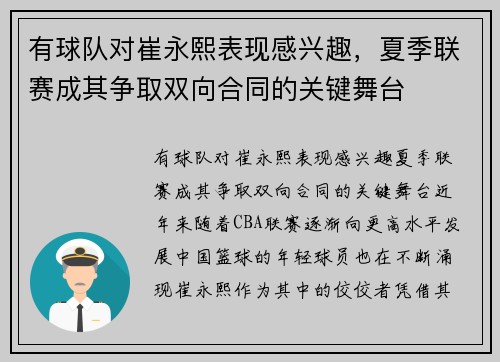 有球队对崔永熙表现感兴趣，夏季联赛成其争取双向合同的关键舞台