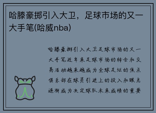 哈滕豪掷引入大卫，足球市场的又一大手笔(哈威nba)