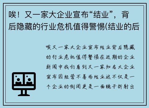 唉！又一家大企业宣布“结业”，背后隐藏的行业危机值得警惕(结业的后果)