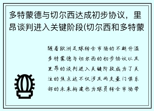 多特蒙德与切尔西达成初步协议，里昂谈判进入关键阶段(切尔西和多特蒙德交锋)