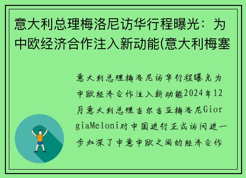 意大利总理梅洛尼访华行程曝光：为中欧经济合作注入新动能(意大利梅塞)