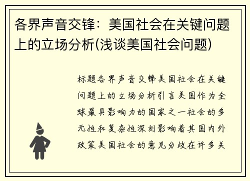 各界声音交锋：美国社会在关键问题上的立场分析(浅谈美国社会问题)
